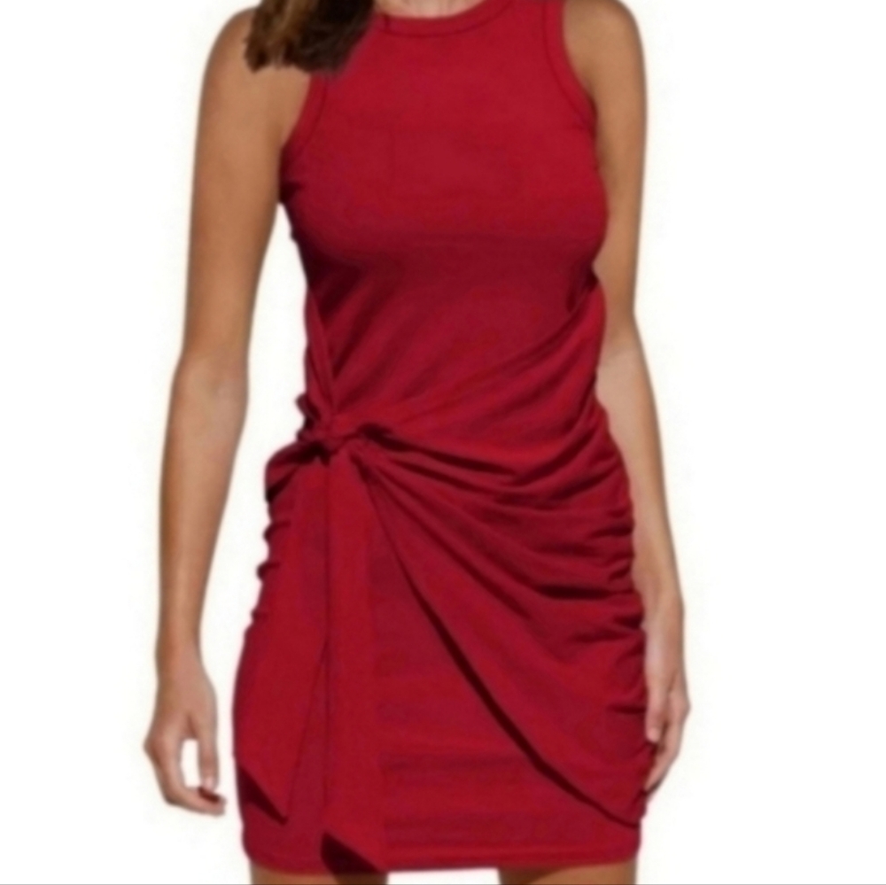 New Red Casual Sleeveless Bodycon Beach Tank Ruched Mini Dress L